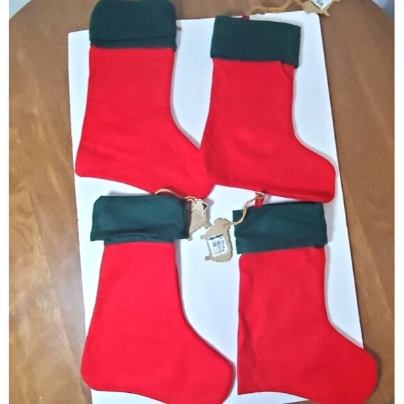 Set Of 4 Naturally Wool Christmas Stockings With Green Cuffs & Tree Design - Picture 6 of 7